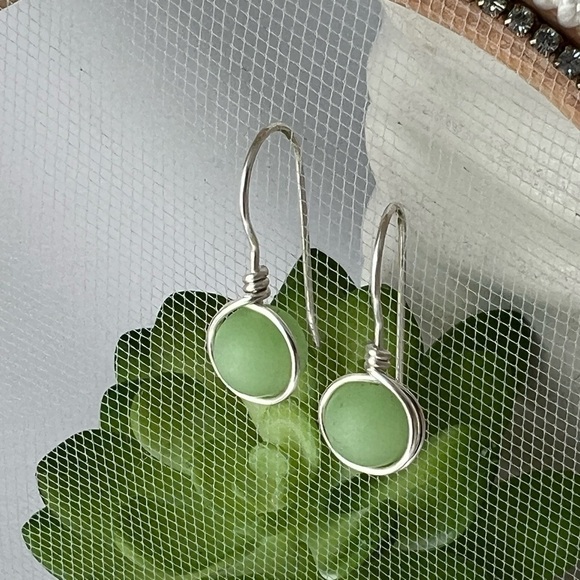 Green Sea Glass Minimalist Wire Wrapped Earrings - Picture 3 of 13